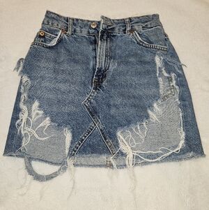Topshop Blue Frayed Mini Skirt